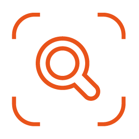 Logo of Observo - an orange magnifier inside a camera.