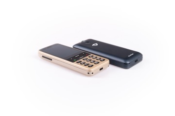 Two BlindShell Classic 3 phones, one gold and one navy blue, are displayed on a white surface, showing the tactile keypad, screen, and back logo.
