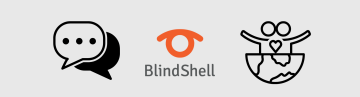 Una imagen en la que aparece un globo sonoro con el logotipo de BlindShell en el centro, flanqueado por dos personas unidas por el símbolo de un corazón. El diseño transmite claramente un sentido de comunidad, conexión y amistad.