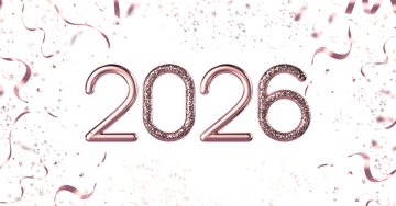 Feestelijke afbeelding met het getal 2026 in roségoudkleurige glittertekst, met confetti en slingers op een lichte achtergrond.