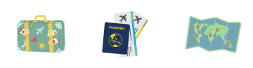 Un conjunto de iconos ilustrados con temática de viaje que incluye una maleta decorada con pegatinas, un pasaporte con billetes de avión y un mapa mundial plegado con rutas y destinos marcados.