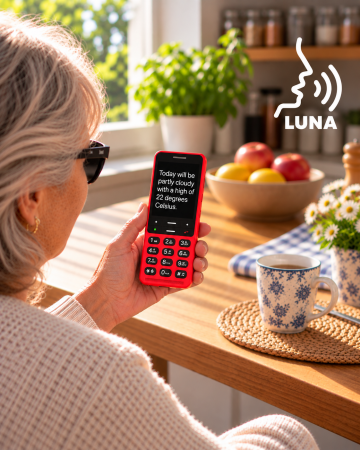 An elderly women is asking Luna what will the weather be like