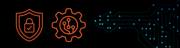 Tegen een donkere achtergrond zijn drie grafische symbolen te zien die technologie, veiligheid en kunstmatige intelligentie vertegenwoordigen. Links staat een oranje schild met een slot, dat gegevensbescherming en veiligheid symboliseert. In het midden bevindt zich een oranje tandwiel met elektronische circuit-elementen, dat technologische processen en kunstmatige intelligentie weergeeft. Rechts staat een blauw gestileerd netwerk van elektronische verbindingen dat doet denken aan een printplaat en de digitale infrastructuur, connectiviteit en datastroom voorstelt.