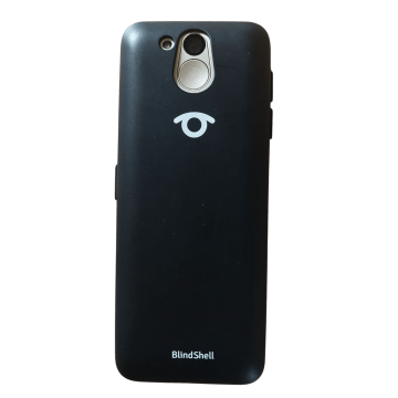 BlindShell classic 3 color arena dorada en funda TPU negra, parte trasera.