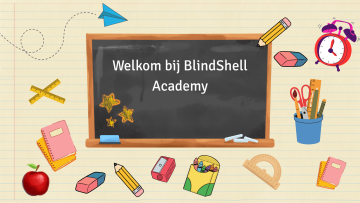 Een vrolijk ontwerp met een schoolthema en in het midden een krijtbord met de tekst 'Welkom op de BlindShell Academy'. Rondom het bord staan speelse illustraties. Dit zijn potloden, schriften, een appel, een liniaal, zelfs een papieren vliegtuigje en een klok. De hele scène voelt leuk en uitnodigend, als de start van een nieuwe klas waar leren leuk moet zijn.