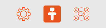 Een rij oranje pictogrammen op een lichte achtergrond die de functies van Tandem weergeven. In het midden staat het Tandem-logo in de vorm van de letter T en een menselijke figuur. Daaromheen staan pictogrammen voor chat en berichten, videobellen, Ondersteuning op afstand tussen apparaten en privacybescherming.
