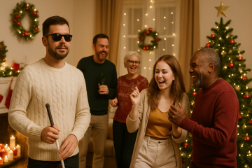 Una acogedora fiesta navideña en una sala de estar iluminada con luz cálida, decorada con un árbol brillante y coronas festivas. Un pequeño grupo de adultos ríe y disfruta del momento juntos. En primer plano, un hombre ciego con un bastón blanco sonríe con calma, formando plenamente parte de la celebración. La escena transmite calidez, alegría y cercanía, llena de conexión y espíritu navideño.