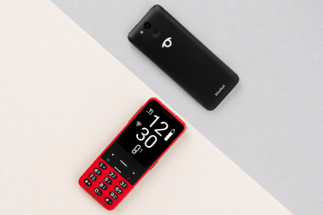 Two BlindShell Classic 2 phones are displayed on a diagonally divided cream and light gray background. A red BlindShell Classic 2 is shown from the front with its large screen, high contrast display, and tactile physical keypad, while a black BlindShell Classic 2 is shown from the back with the camera, SOS button, and BlindShell logo.