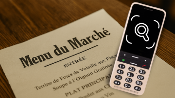 Op een houten cafétafel ligt een Frans menu met bovenaan de tekst “Menu du Marché”. Ernaast ligt een BlindShell-telefoon met een vergrootglas-icoon dat op het scherm oplicht. Het lijkt alsof iemand op het punt staat de telefoon te gebruiken om het menu te lezen. Het is een gezellig, slim moment dat technologie combineert met een vleugje Parijse charme.