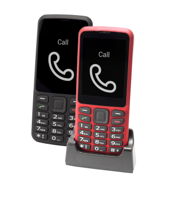 red and black BlindShell Classic with charging cradle