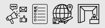 Cuatro iconos simples en blanco y negro sobre un fondo gris claro que representan marketing, planificación, logística global y participación en el evento. Este estilo limpio y minimalista transmite una impresión estructurada y profesional.