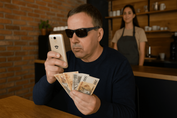 Het is een gezellige scène in een koffiebar. Een man zit aan een houten tafel, houdt een paar Albanese bankbiljetten vast en maakt er een foto van met zijn BlindShell-telefoon. Op de achterkant van de telefoon staat het kleine ooglogo. De man kijkt geconcentreerd, terwijl op de achtergrond een glimlachende barista koffie staat te maken. De hele plek voelt warm en ontspannen aan, net als een van die rustige cafés op een zaterdagochtend.