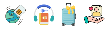 La imagen muestra cuatro iconos relacionados con los viajes: una tarjeta SIM orbitando un globo para simbolizar el roaming de datos, unos auriculares con un dispositivo para entretenimiento de audio como podcasts o audiolibros, una maleta con un lazo amarillo para facilitar su reconocimiento en el aeropuerto y una mano ayudando con un icono de persona y un corazón que simboliza un servicio de atención al cliente accesible y amable.