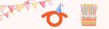 La colorida pancarta crea un ambiente festivo. BlindShell celebra su 10º aniversario, simbolizado por el ojo naranja del logotipo que lleva un alegre sombrero azul de fiesta. A su lado hay una tarta con muchas velas y un alegre festón decora la esquina superior izquierda.