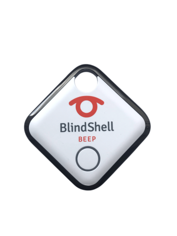 BlindShell Beep device - detail picture. It has square shape, white color and grey silver edge.