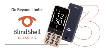 The image shows two BlindShell Classic 3 devices—one in sand gold displaying a large, high-contrast screen with oversized numbers, and one in ocean blue showing the back with the BlindShell logo. Text reads ‘Go Beyond Limits’ and ‘BlindShell Classic 3’ with an orange eye-shaped logo.