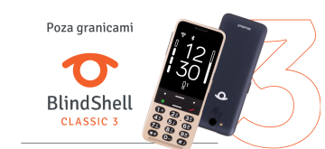 BlindShell Classic 3 w obu kolorach – złoty piasek i błękit oceanu, z dużą cyfrą 3 za nimi. Po lewej stronie znajduje się logo BlindShell Classic 3 z napisem Poza granicami