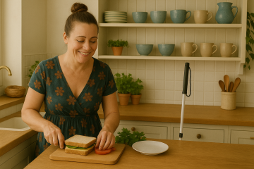 Una mujer de unos cuarenta años con el cabello recogido en un moño está preparando un sándwich en una cocina acogedora y luminosa. Está cortando un tomate sobre una tabla de madera y sonríe suavemente. Lleva un vestido color turquesa con flores. A su lado, sobre la encimera, se encuentra su bastón blanco de pie. La cocina tiene encimeras de madera cálida, macetas con hierbas aromáticas y estantes abiertos con tazas y cuencos ordenados.