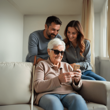 Young couple helps elderly women with her BlindShell Classic 3. The elderly lady is blind and sits on a white sofa. All of them are smiling and that creates warm and friendly atmosphere.