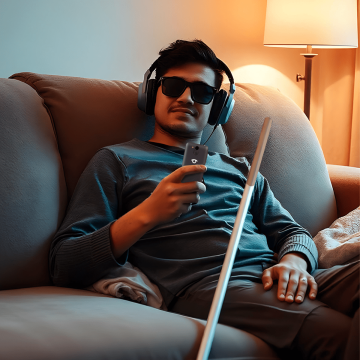 Młody niewidomy mężczyzna siedzi na kanapie i słucha muzyki. W ręku trzyma BlindShell Classic 3.