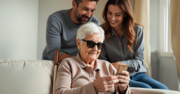 An elderly blind lady with her grandson and his wife, helping her with her BlindShell phone.
