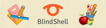 Logo BlindShell znajduje się w centrum, otoczone kolorowymi ilustracjami o szkolnym charakterze. Po jednej stronie widać zeszyty, ołówek i linijkę, a po drugiej kubek pełen nożyczek i linijek z błyszczącym czerwonym jabłkiem na wierzchu. Całość sprawia wrażenie radosnej i przyjaznej, jak początek nowego roku szkolnego lub świeżej przygody z nauką, łącząc BlindShell z kreatywnością i edukacją.