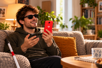 happy young man uses red blindshell classic 3, he is laughing, it seems like he talks to somebody. His living room is cozy