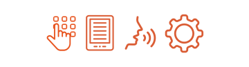 Cuatro sencillos iconos naranjas sobre fondo blanco que representan las principales funciones de accesibilidad. Una mano sobre un teclado táctil, una tableta con texto para un lector de pantalla, un perfil que habla con ondas sonoras para el control por voz y un engranaje para los ajustes. El diseño limpio y el color cálido evocan claridad, facilidad de uso e inclusión.